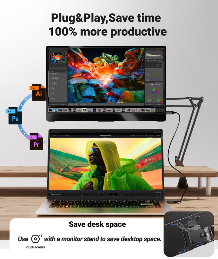 Plug&Play,Save time100% more productive | Ingnok YN02D Table Portable Laptop Monitor